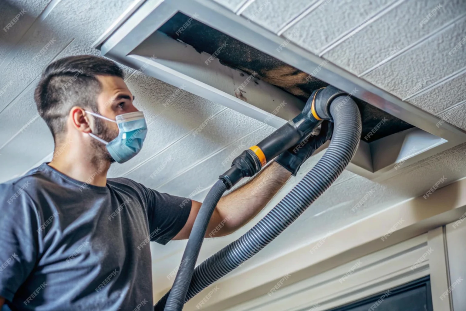 HVAC technician using vacuum system to clean residential air ducts.